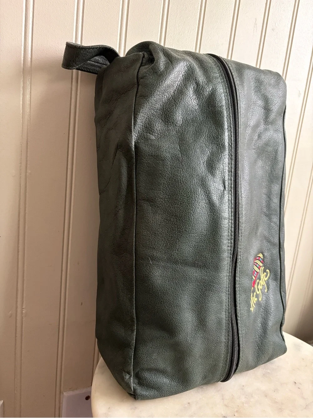 Vintage Golf Shoes Travel Bag Green Faux Leather & Black Velour VTG Grandpacore